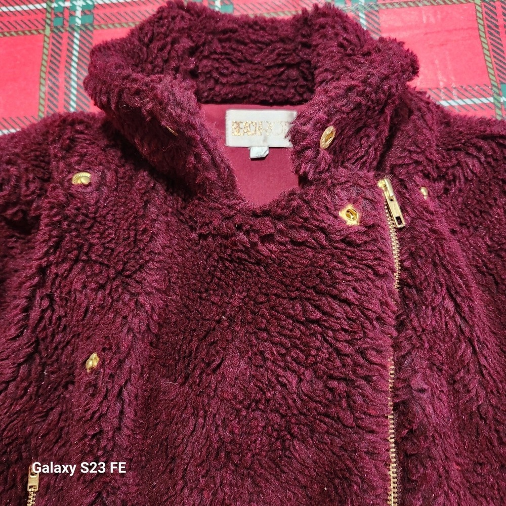 Beach Riot Burgundy Sherpa Moto Jacket Fleece Teddy Zip Up Womens XS Lined - Picture 12 of 12